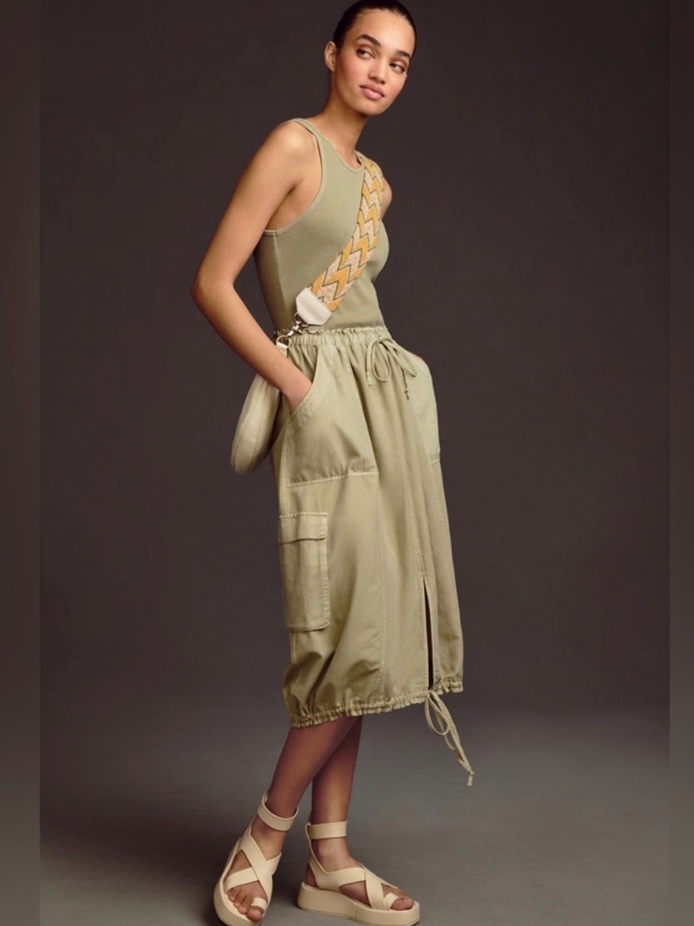 Daily Practice Anthropologie Sleeveless Olive Midi Dress with Drawstring Waist - Picture 3 of 10